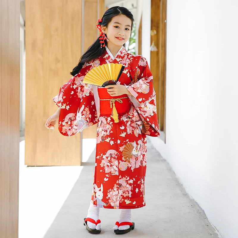 1PCS New Arrival Children's Cartoon Animal Japanese Kimono Kids Red Long-sleeve Yukata Kimono Performance Costume For GirlsLC063