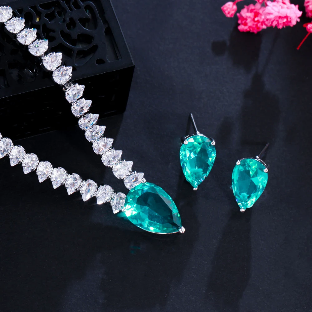 CWWZircons Elegante Große Hellgrüne Wassertropfen CZ Halskette Ohrringe Damen Verlobungsfeier Kostüm Schmucksets Großhandel T0773 – Detail 3
