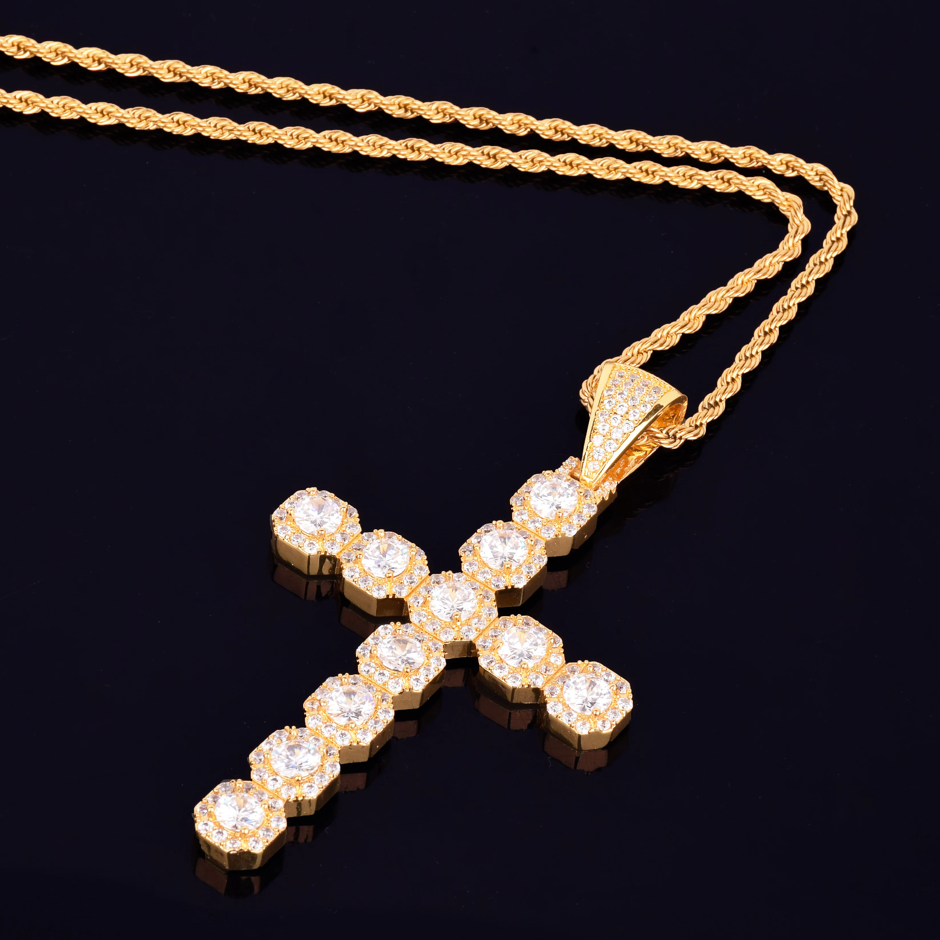 Bubble Letter Cross Necklace & Pendant Gold Color AAA Cubic Zircon Men\'s Hip Hop Rock Jewelry
