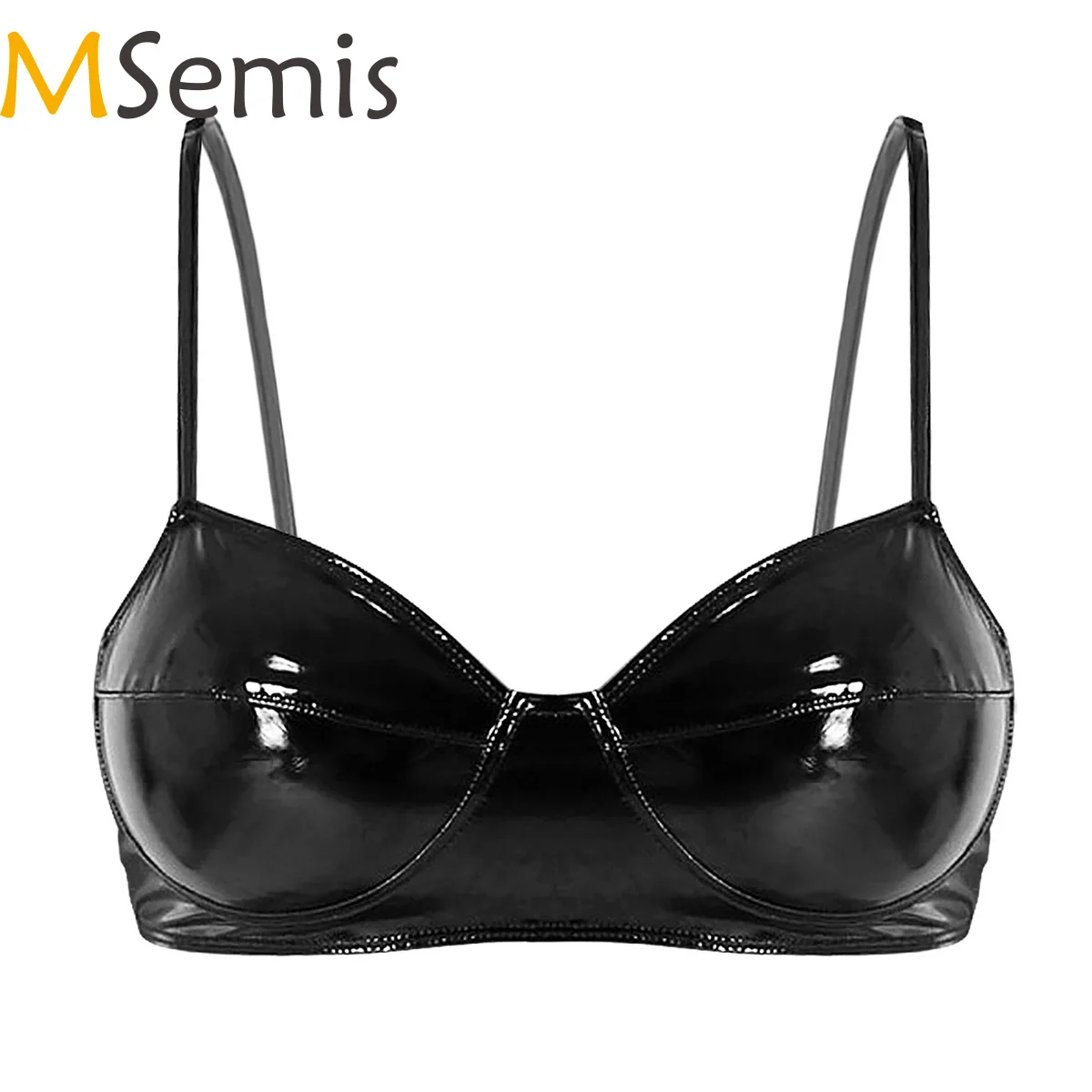 

MSemis Black Womens Lingerie Fashion Wetlook Faux Leather Bra Sexy Wire-free No Pad Bra Top for Women for Raves Dances Clubwear