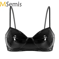 Womens Lingerie Fashion Wetlook Faux Leather Bra Sexy Wire-free No Pad Bra Top Brassiere Raves Pole Dances Costume Clubwear