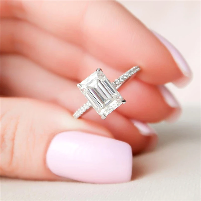 

Solid 18K White Gold 2.5CT 9*6.5mm Emerald Cut Half Band Moissanite Ring DEF Color VVS Vintage Style Women Anniversary For Gift