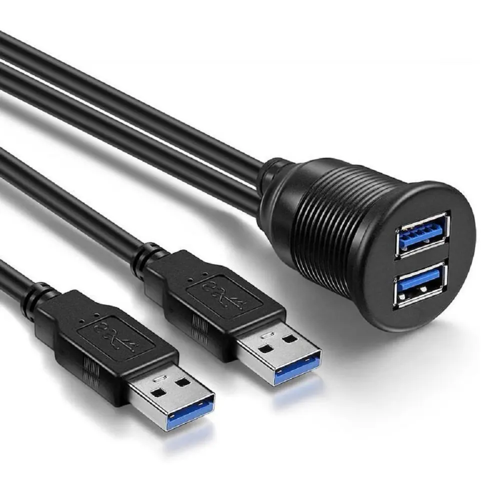 1M 2 Ports Dual USB 3.0 Extension AUX Flush Mount Car Mount Extension Cable for Car Truck Boat Motorcycle Dashboard Panel