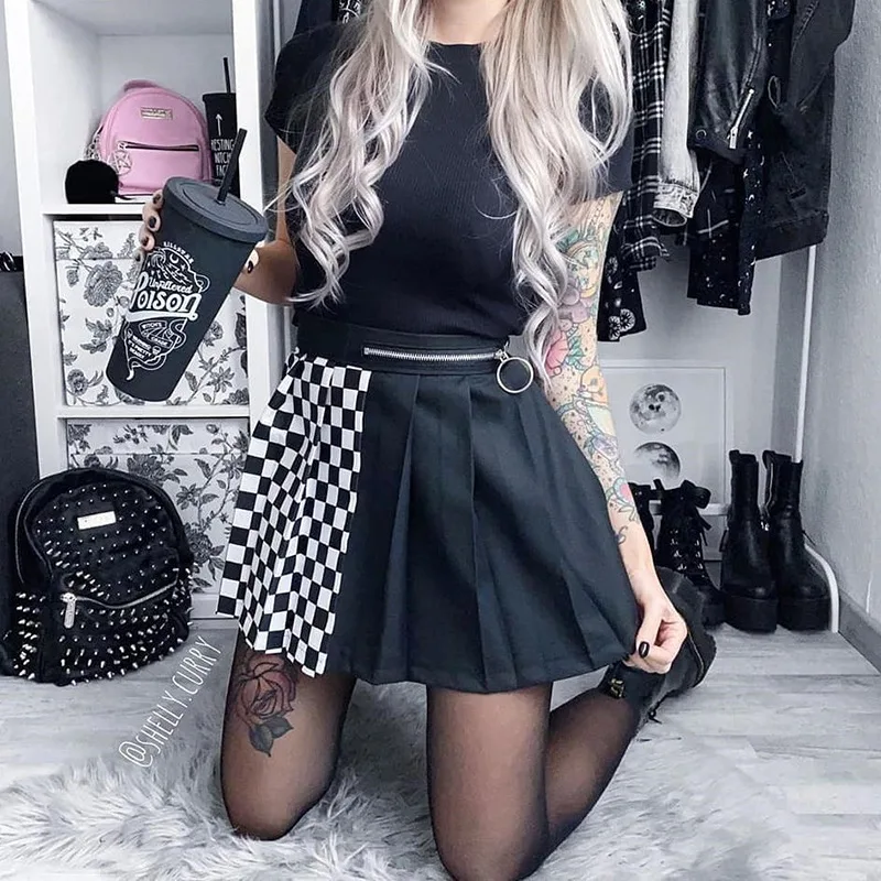 

High Waist Skirt Gothic Black Checkerboard Pleated Skirts Women Fashion 2021 Contrast Color Zipper Short Summer Skirt