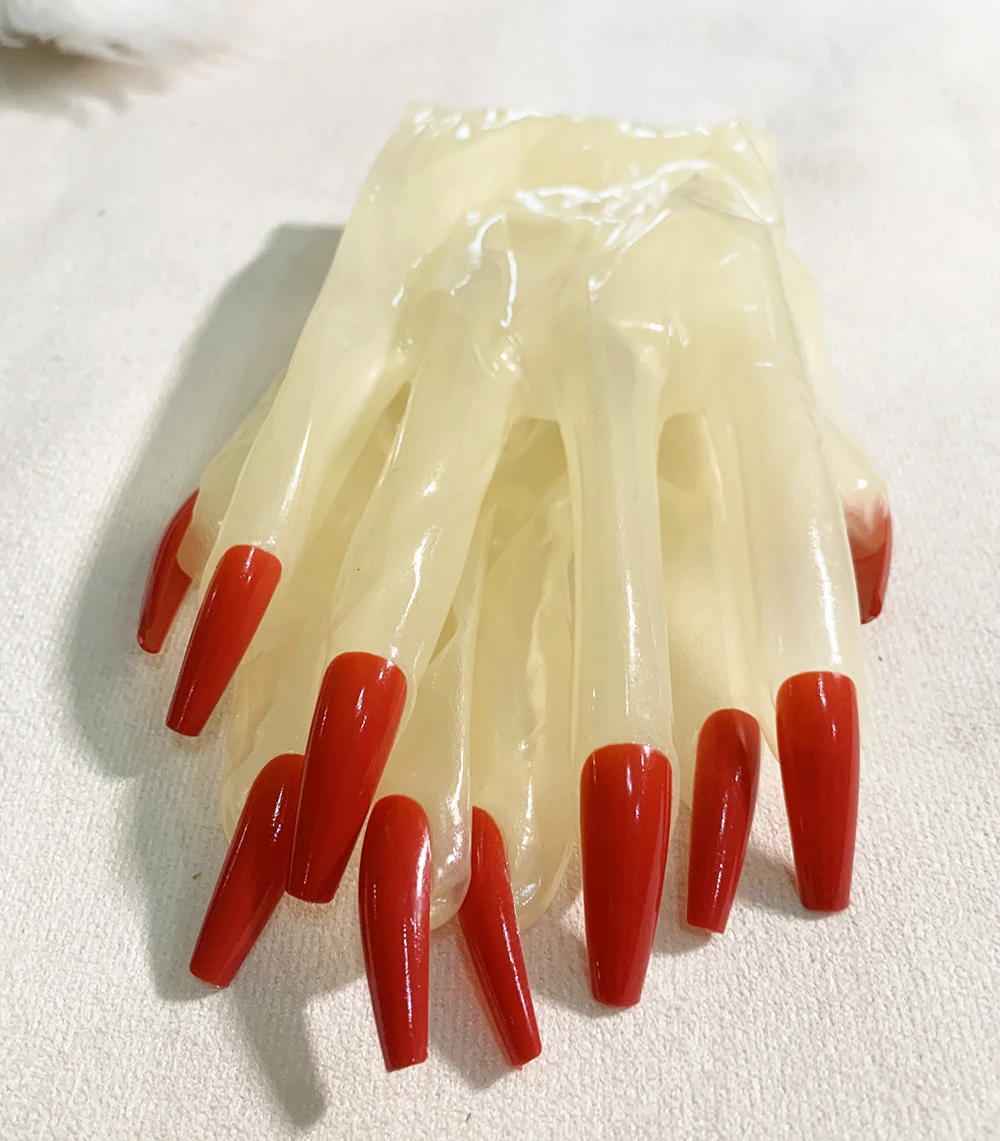 Crossdress-guantes transparentes brillantes al aceite para hombres y mujeres, látex súper fino, Zentai, uñas largas, fetiche, transparente, Cosplay,