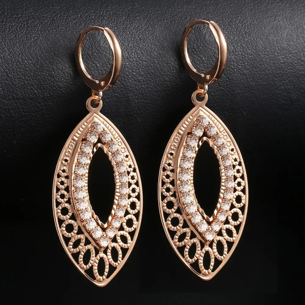 585 Rose Gold Color Cut Out Leaf Shaped Drop Earrings for Womens Girls Hollow Paved CZ Drop Dangle Earrings GE196A