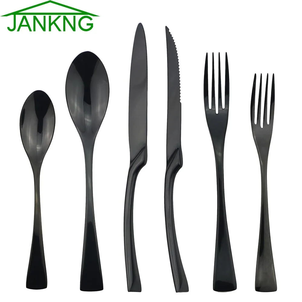 

JANKNG 24Pcs Black 18/10 Stainless Steel Dinnerware Serrated Sharp Steak Knife Tableware Set Cutlery Set Service For 4