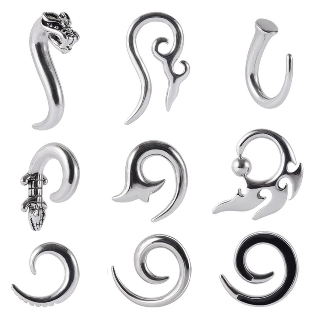 9PCS Stainless Steel Puj Ju Hoops High Quality Spiral Ear Weights Hoop Earring Crocodile Ear Gauge Expander Jewelry