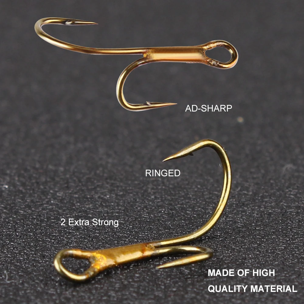 FTK 20Pcs Barbed Golden Double Fishing Hooks Ryder Pike Dead Bait Predator Salmon Trout Perch Ringed Zander twin hook