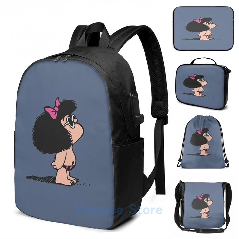 Funny Graphic print Mafalda with swimsuit USB Charge Backpack men School bags Women bag Travel laptop bag