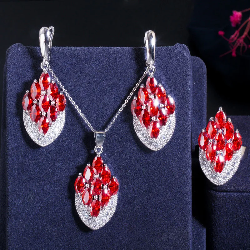 CWWZircons Künstlerischer Vintage Zirkonia Schmuck Bunter CZ Großer Tropfen Ring Anhänger Halskette Ohrring Set für Damen Großhandel T0009 – Detail 4