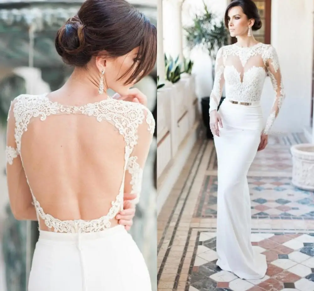 2025 Simple Vestidos De Novia Lace Satin Wedding Dresses Sheer High Neck Applique Long Sleeves Vintage Bridal Gowns Open Back