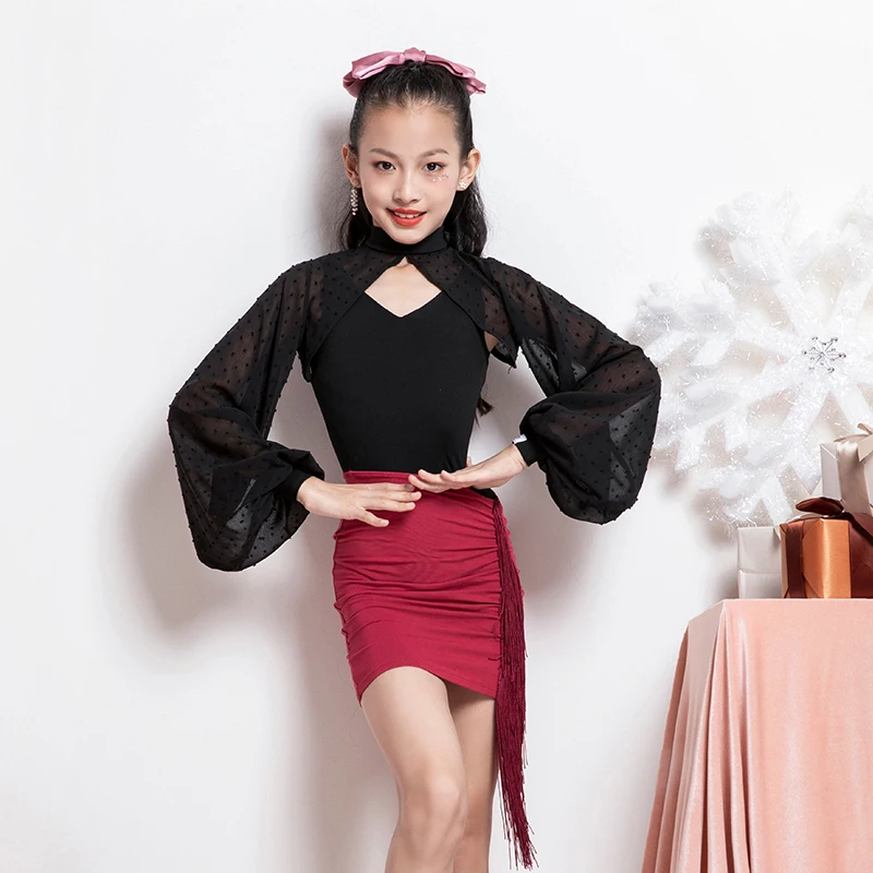 

Mesh Ballroom Dance Tops Girls Modern Dancewear Latin Practice Wear Stage Performance Costume Long Sleeve Salsa Clothing JL3918