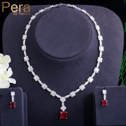 Pera Classic Princess Cut Cubic Zirconia Delicate Red Round CZ Drop Earrings Necklace Set for Women Party Costume Jewelry J348