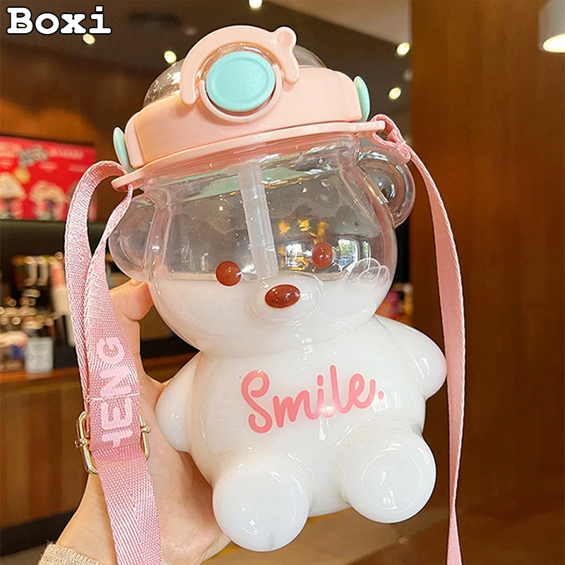 Kawaii Bear Plastic Water Bottle With Straw Portable Strap Cute Kids Bottles For Girls Summer Large Capacity Milk Bubble Tea Cup