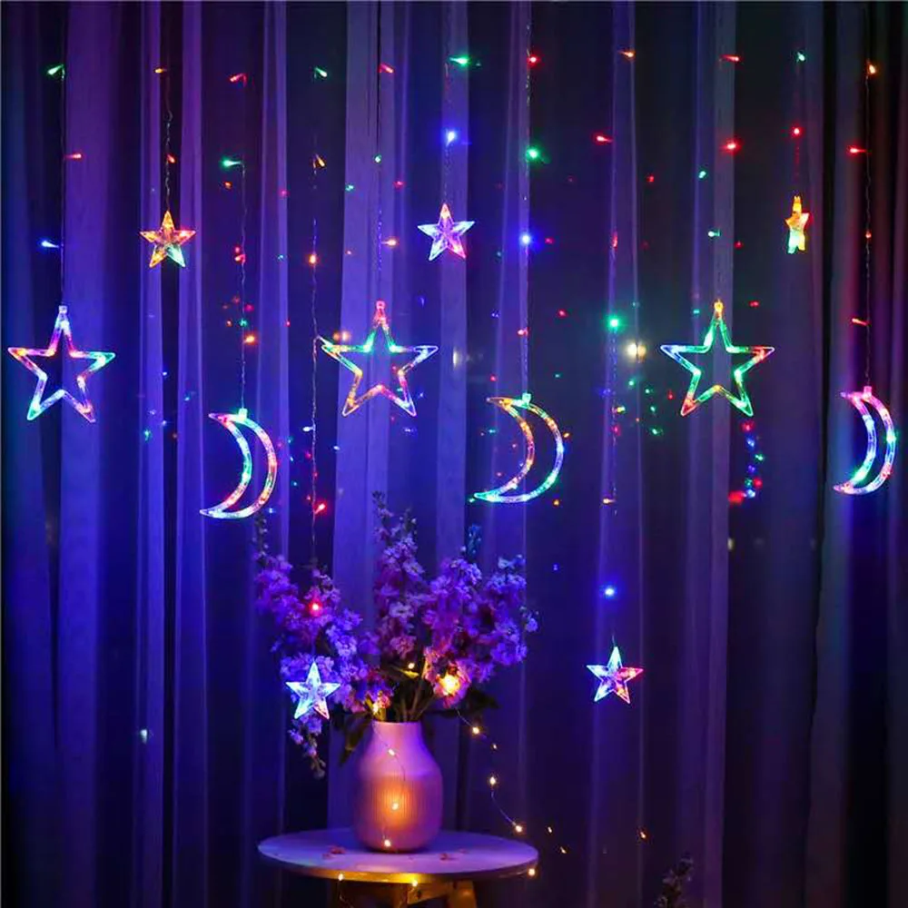 Imagem -02 - Estrela Lua Cortina Led String Luz Natal Ramadan Guirlanda Luz Romântico Luzes do Feriado para a Decoração da Festa de Casamento 3.5m 138leds