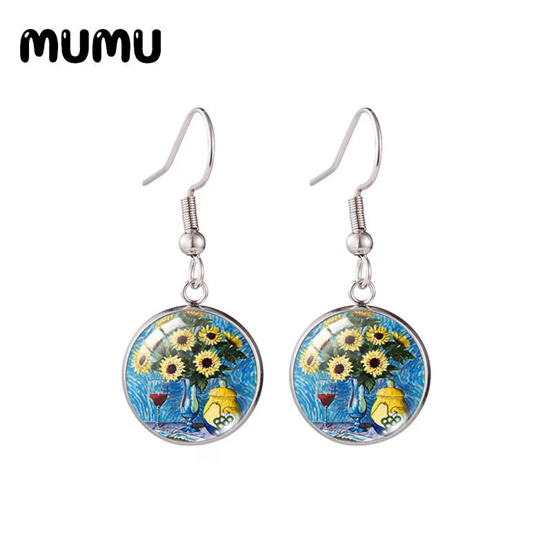 2020 New Still life with Sunflower Earring Flower Jewelry Round Printed Photo Glass Cabochon Fish Hook Earrings