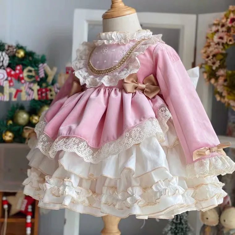 Baby Girl Autumn Winter Pink Velvet Vintage Spanish Pompom Ball Princess Lolita Dress for Birthday Party Holiday Christmas