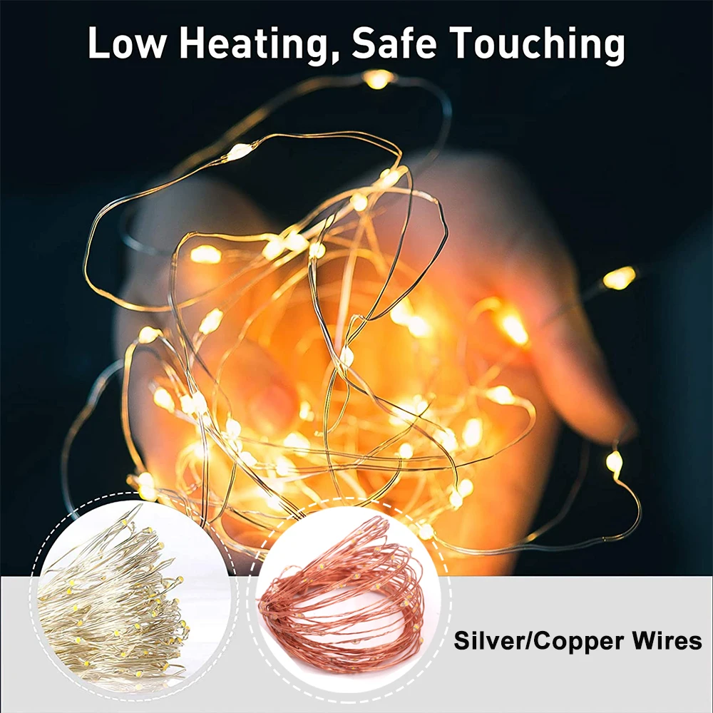 Fairy Lights Silver/Copper Wire Xmas Outdoor LED String Lights with Switch Party Home Wedding New Year Christmas Tree Decoration