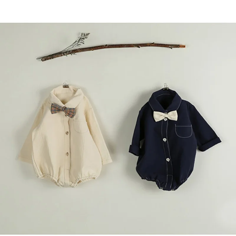 MILANCEL Infant Baby Boys Girls Clothes Gentlemen 100 Days Bodysuit Turn Down Collar Suit With Bow Jumpsuits