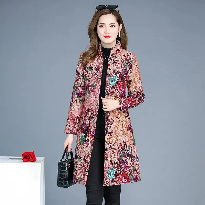 Women Middle-aged Elderly Mothers Wear Cotton-padded Jacket Printed Quilted Coat Female Fashion Mid-length Padded Jacket A765