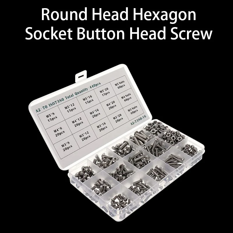 440 Pcs/set M3 M4 M5 304 Stainless Steel A2 Round Head Screws Mushroom Hexagon Socket Button Head Screw Kit