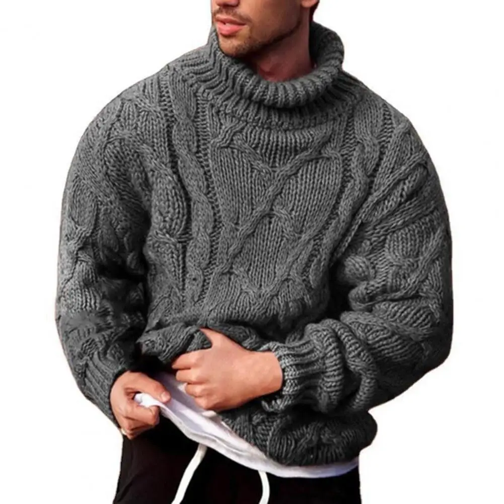 Long Sleeve Thickened Men Sweater Coarse Woolen Yarn Turtleneck Twist Ribbed Knitted Sweater for Autumn Winter