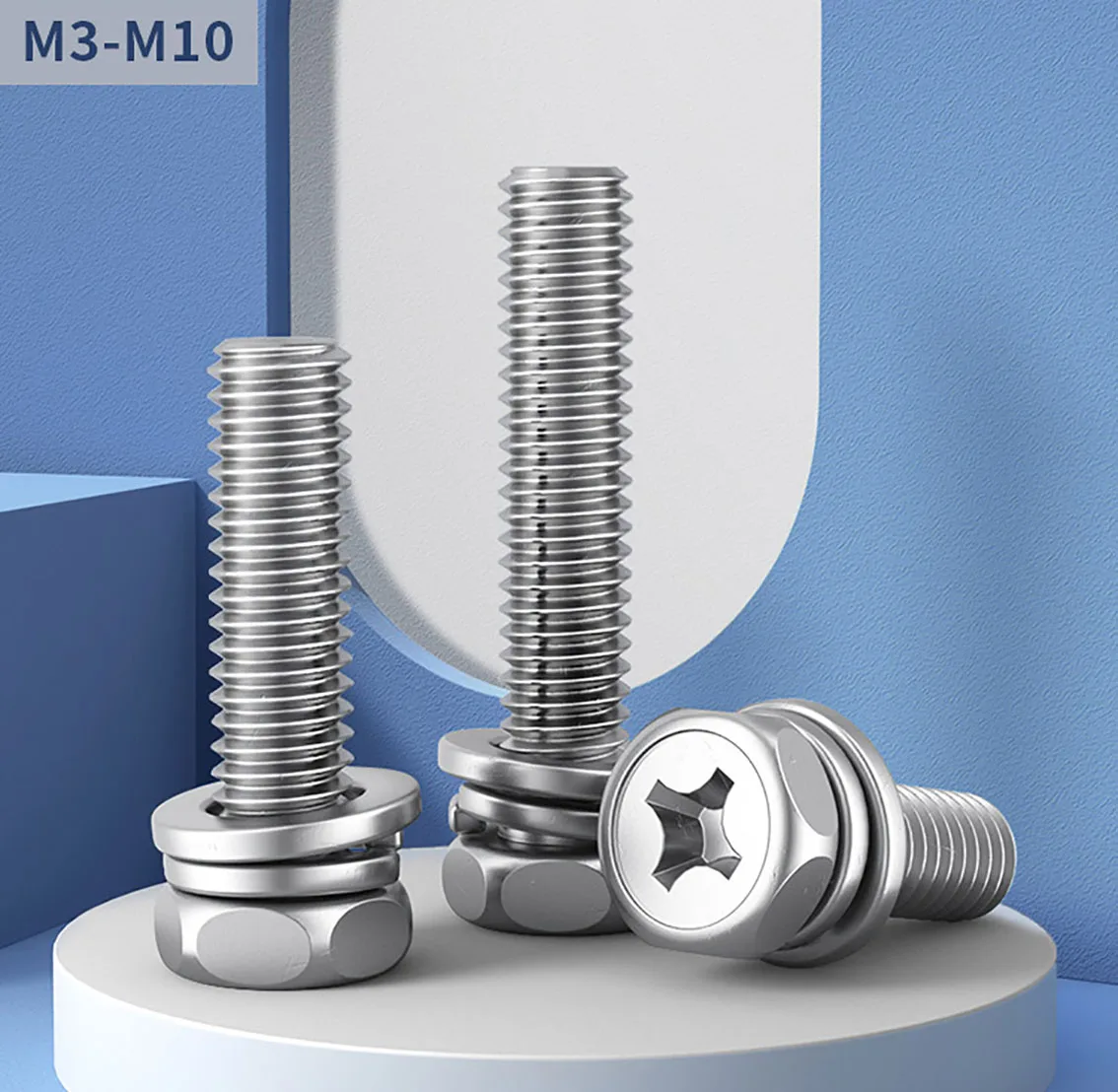 M3~M10 Phillips Hex Head Three Combination Screws 304 Stainless Steel Cross Recessed Hexagon With Washer Sems Screws Bolts