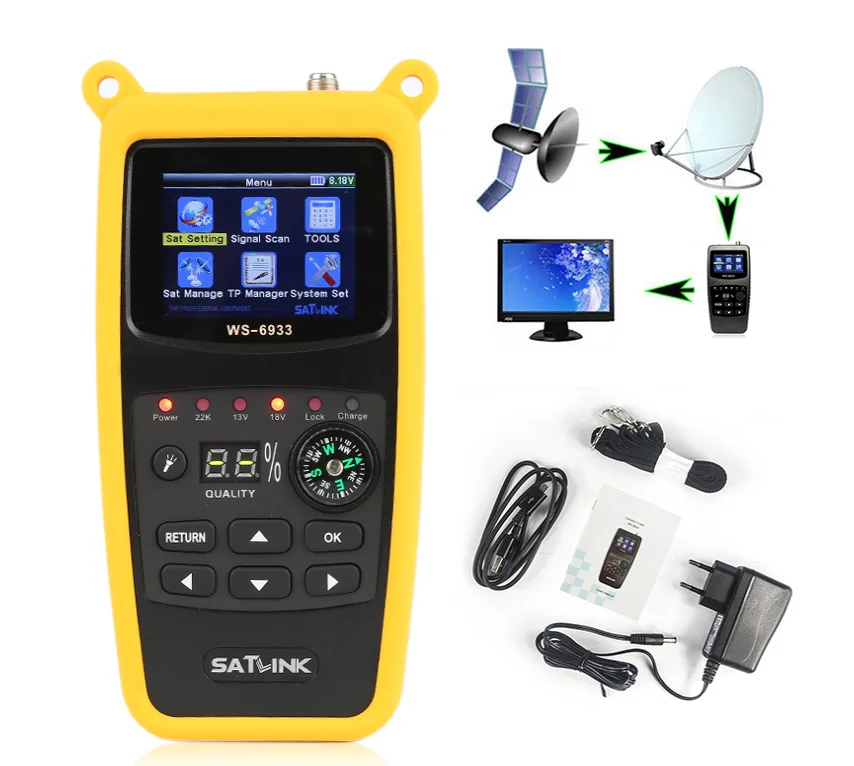 

Satlink WS-6933 DVB-S2 FTA C&KU Band Satellite Finder Meter 6933 WS6933 with 2.1 Inch LCD Display