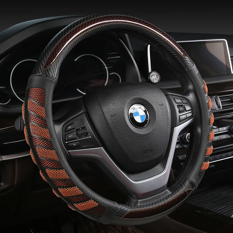 Carbon Fiber Cowhide Car Steering Wheel Cover 38CM Non-slip Wear-resistant Sweat Absorbing Fashion Sports Steering Wheel Cover