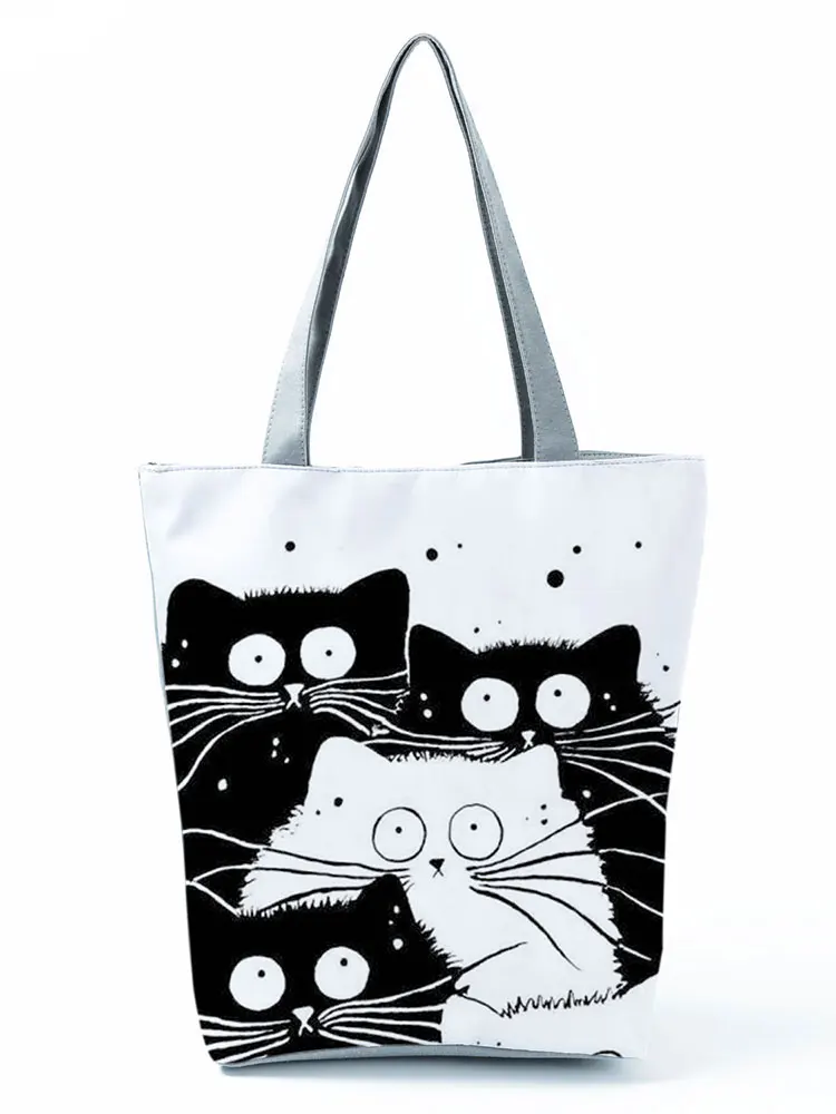 New Lady Tote Bags Black White Cute Cat Printed Fabric Eco Handbag High Capacity Shopping Office Reusable Casual Shoulder Bag