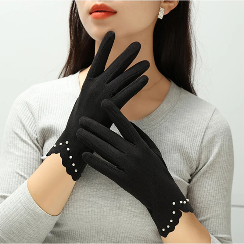 New Grace Bead Fashion Lady Gloves Women Winter Vintage Touch Screen Cycling Driving Warm Windproof Full Finger Glove Mittens