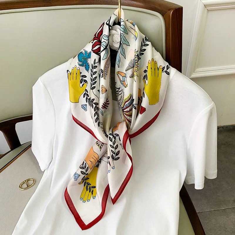 Women Silk Scarf 2020 New Square Foulard Lady\'s Neck Hair Design Cartoon Hands Printed Head Kerchief Fashion Girl Hair Scarfs