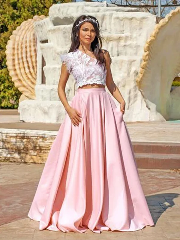 Vestido de festa longo de cetim, rosa, comprimento um ombro, divisão, duas peças, simples, um ombro, festa, 2021