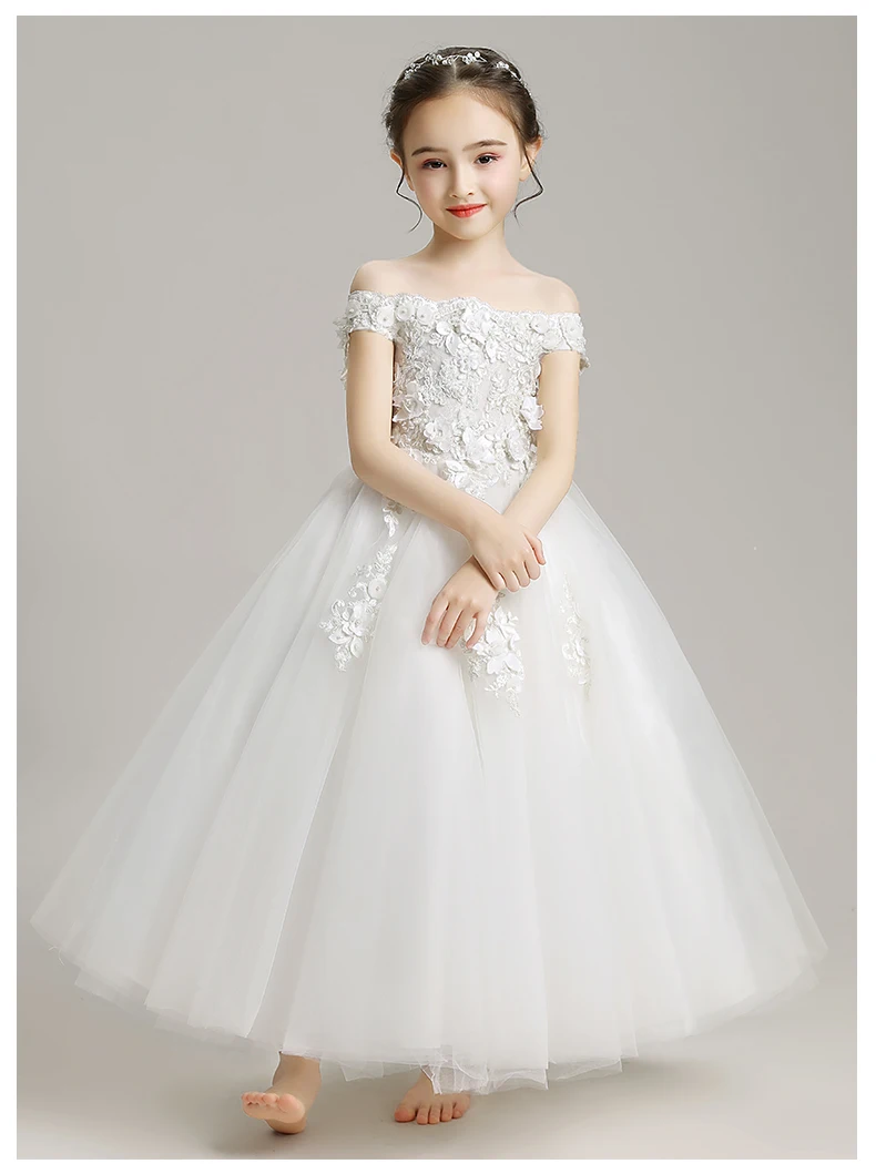 Off Shoulder Embroidery Flower Princess Girl Dress White Tulle Wedding Birthday Party Dress Toddler Girls Pageant Communion Gown