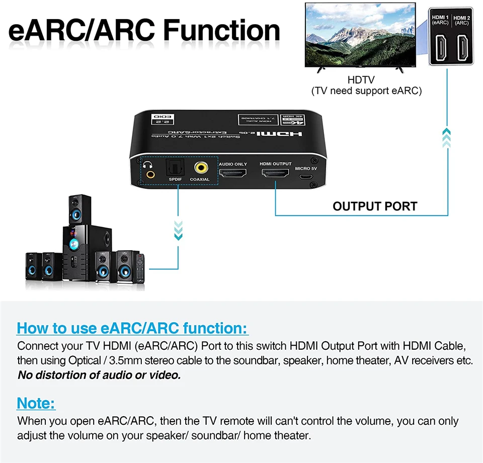 2x1 4K 120Hz przełącznik HDMI eARC ekstraktor Audio łuk i optyczny Toslink HDMI 2.0 przełącznik 4K przełącznik HDMI er pilot do Apple TV PS4