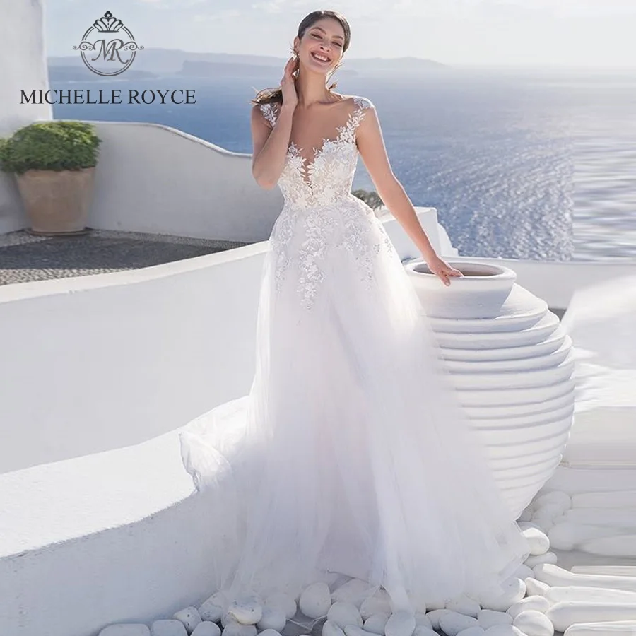 

Michelle Royce A-Ling Wedding Dresses 2020 Sexy V-neck Sleeveless Appliques Button Chapel Train Wedding Gowns Vestido De Noiva