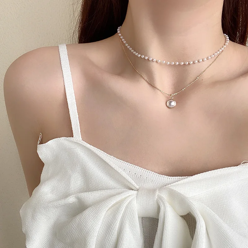 New Fashion Kpop Pearl Choker Necklace Cute Double Layer Chain Pendant For Women Jewelry Girl Gift