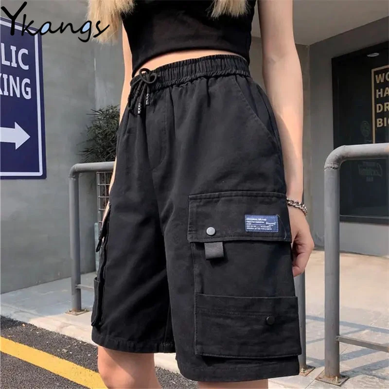 Summer Joggers Women Big Pocket Elastic High Waist Cargo Shorts Korean Harajuku Streetwear Baggy Straight Hip Hop Shorts Female