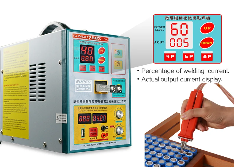 Mobile spot welding pen spot welding machine SUNNKKO 788S-PRO with 70B 71B 18650 power Bank Charging test