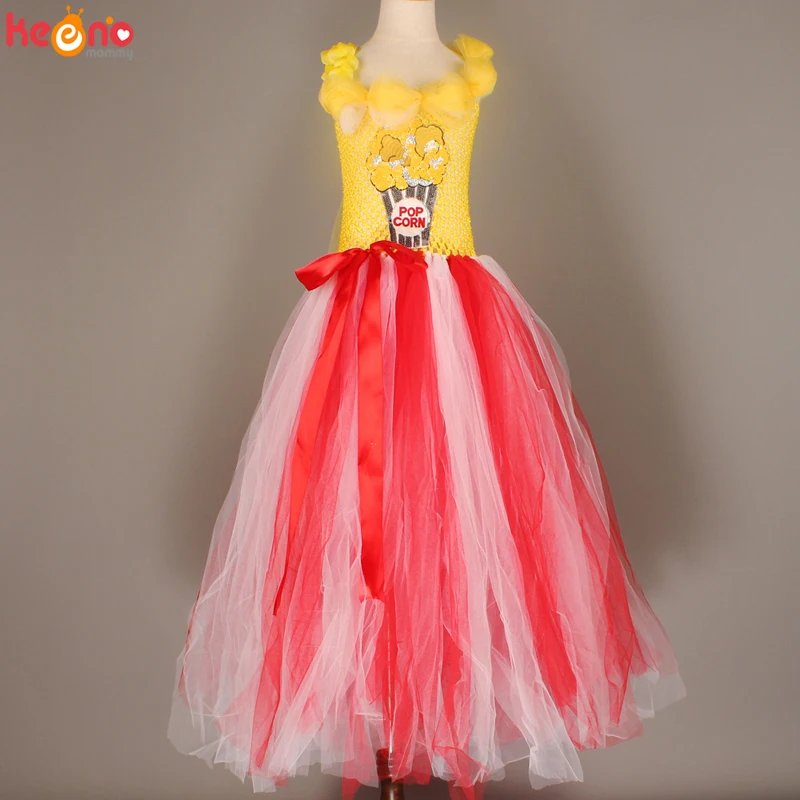 Circus Popcorn Girl Tutu Dress Carnival Birthday Party Wedding Flower Sequin Ball Gown Costume Kids Pop Corn Food Tulle Dress