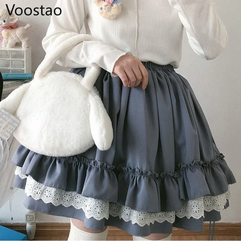 Japanese Sweet Chic Lolita Style Mini Cake Skirts Vintage Cute Women Lace Ruffles JK Skirt Girly Kawaii High Waist Tiered Skirt