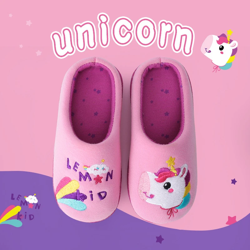 Sandal anak laki-laki, sandal hangat antiselip dalam ruangan lucu Unicorn dinosaurus untuk musim dingin