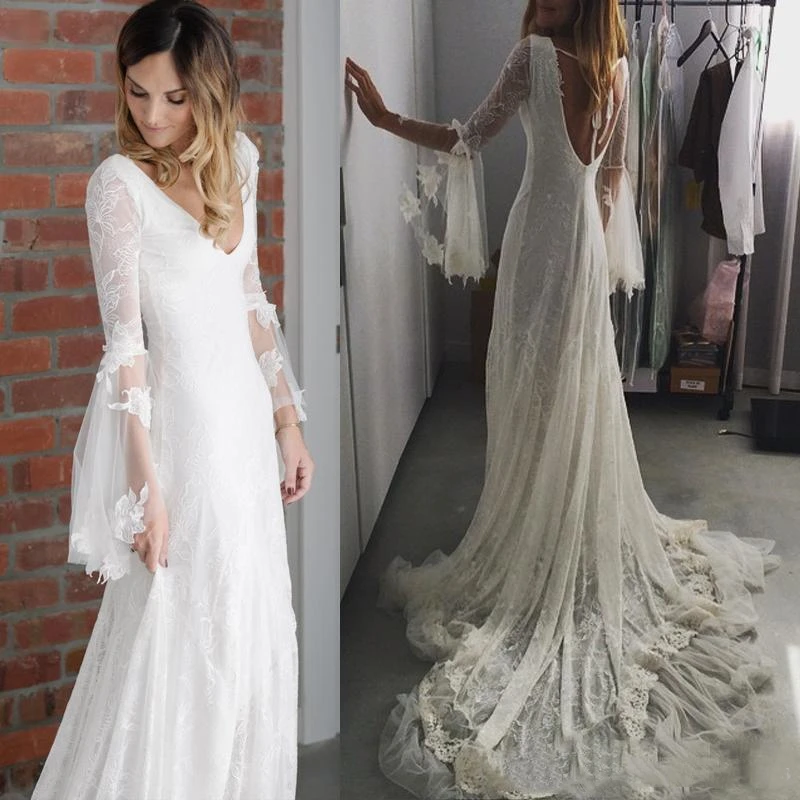 Bohemian Lace Wedding Dress Flare Long Sleeves V-neck Backless Sexy Beach Bridal Gown A Line fairy Bride Wear 2024