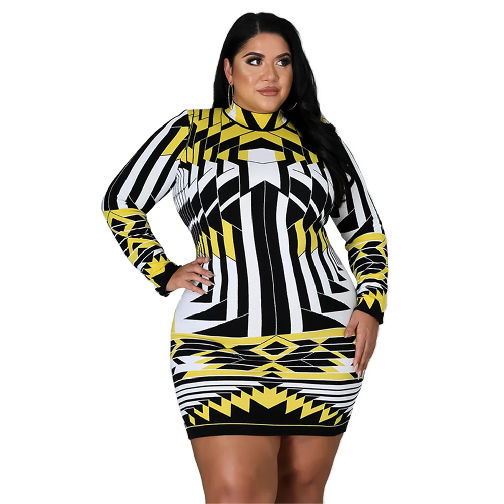 

2021 New Hot Sale European And American Style Plus Size Sexy Slim Wrap Hip Print Skirt Back Zipper Fashion Long Sleeve Dress