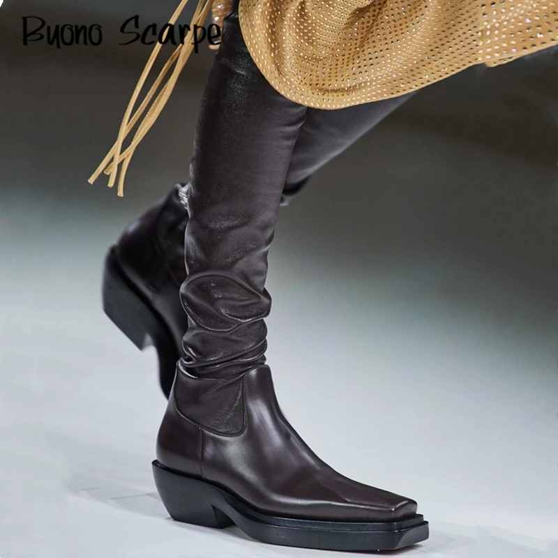 

Fashion Catwalk Over The Knee Boots Genuine Leather Thigh High Boots Square Toe Chunky Heel Elastic Slim Long Boots Brand Shoes