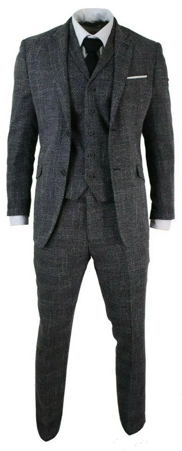 Mens Zugeschnitten Fit 3 Stück Grau Schwarz Fischgräten Tweed Vintage Retro Formale Anzug Prom Anzug (Jacke + Pants + weste)