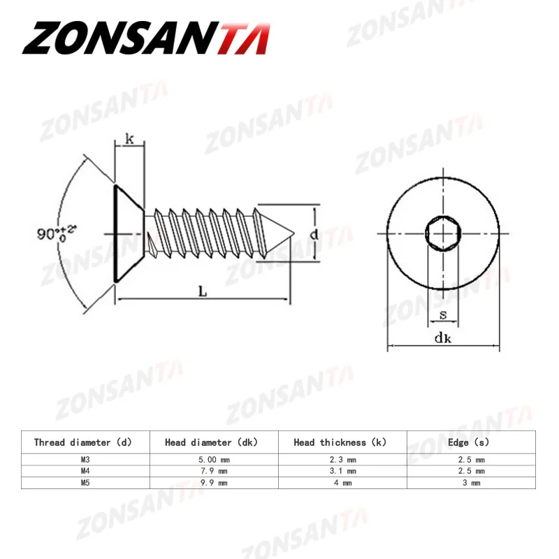 ZONSANTA-tornillo de rosca de cabeza avellanada M3 M4 M5, hexagonal, de acero inoxidable 304, cabeza Allen plana, para madera