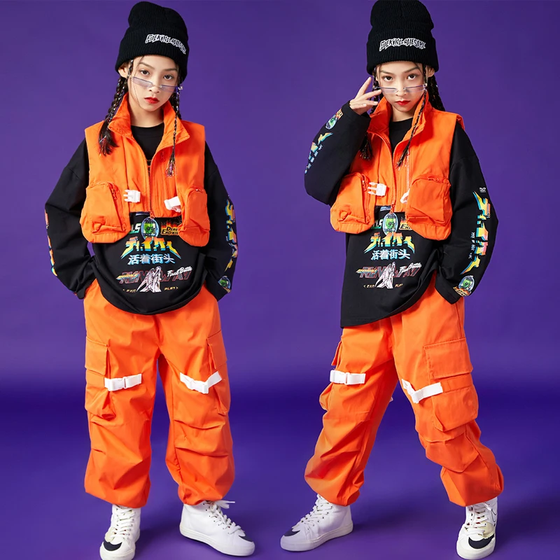 

Kids Hip Hop Clothing Girls Orange Street Dance Stage Costume Loose Jazz Dancer Outfit Vest Cargo Pants Festival Clothes DL8873