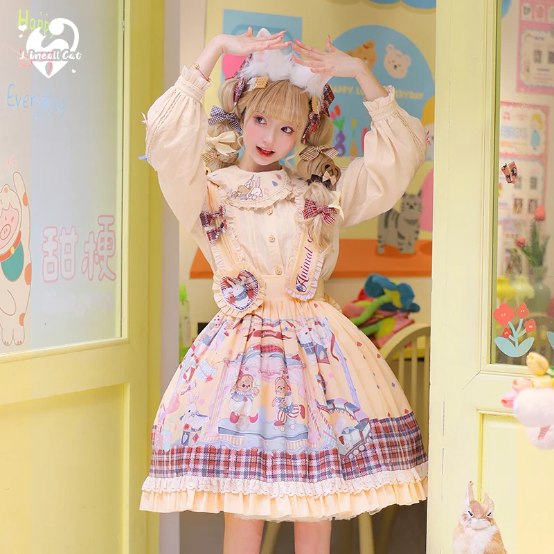 Orso Lolita cinturino stampa cinturino abito dolce Kawaii ragazza Vintage pizzo Bowknot vita alta abito vittoriano Cosplay Cos Loli